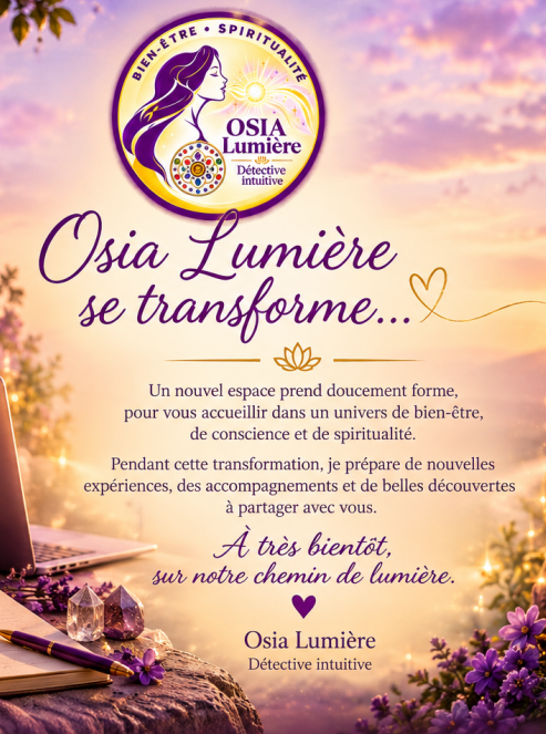 Illustration de la transformation du site Osia Lumière, avec son logo violet et doré, un paysage lumineux et un message de bienvenue.